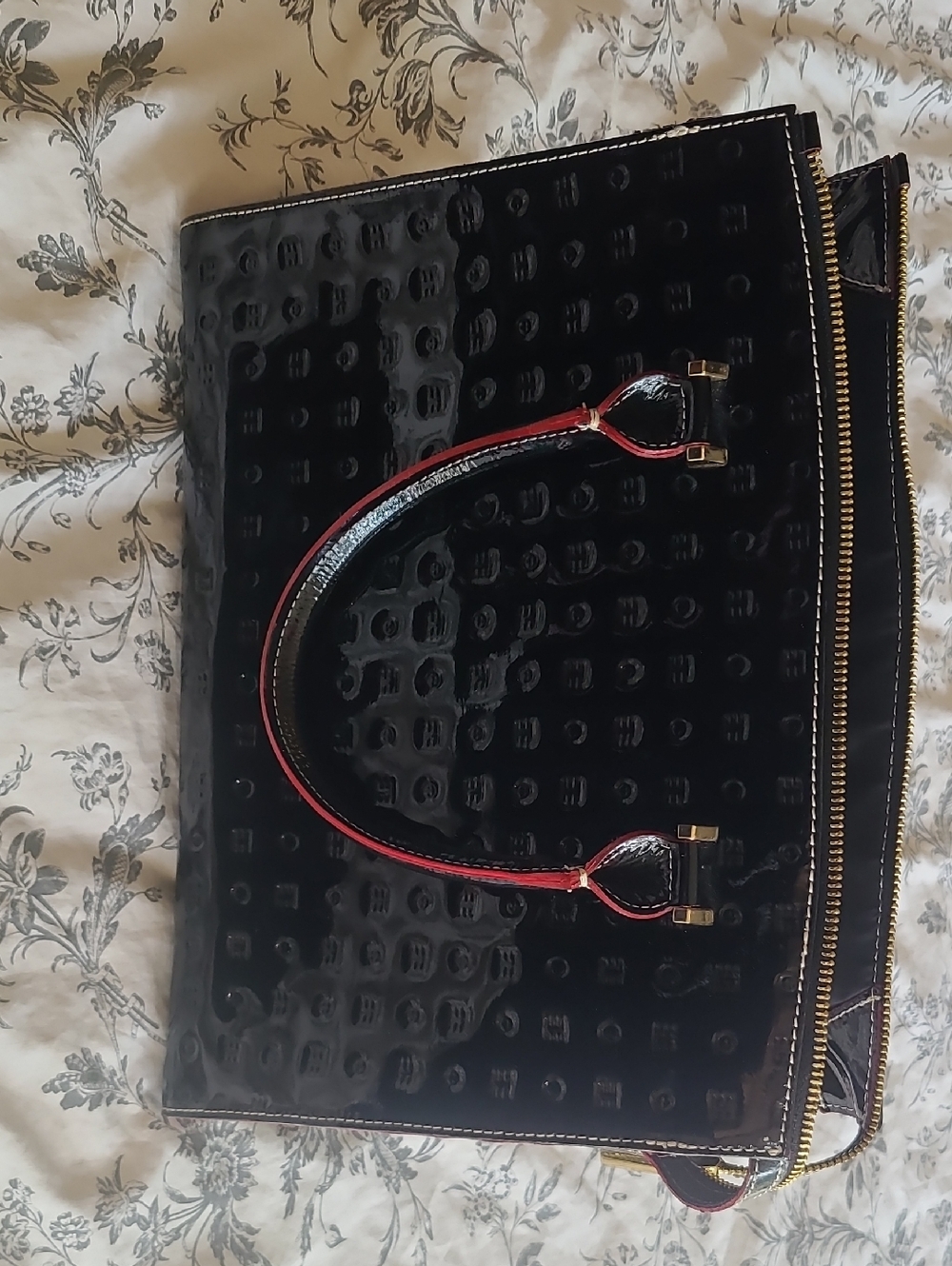 Black Patent ARCADIA Tote Handbag with Red-Trim Handles